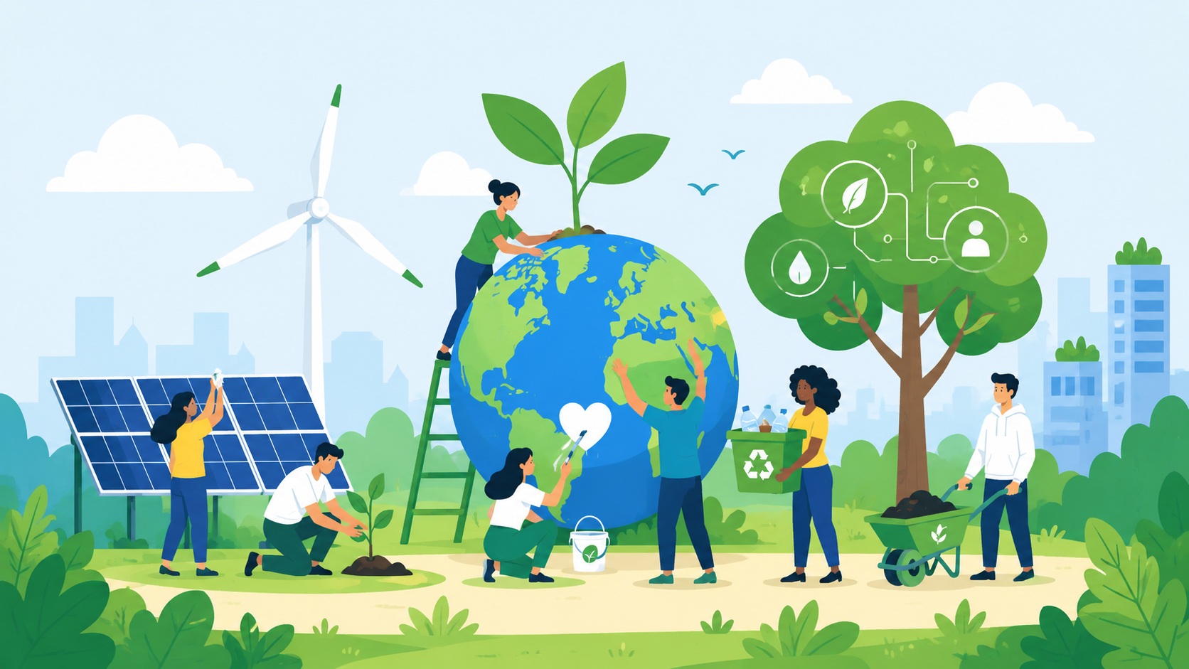 Persone che collaborano per la tutela dell'ambiente con pannelli solari, energia eolica, riciclo e risparmio energetico